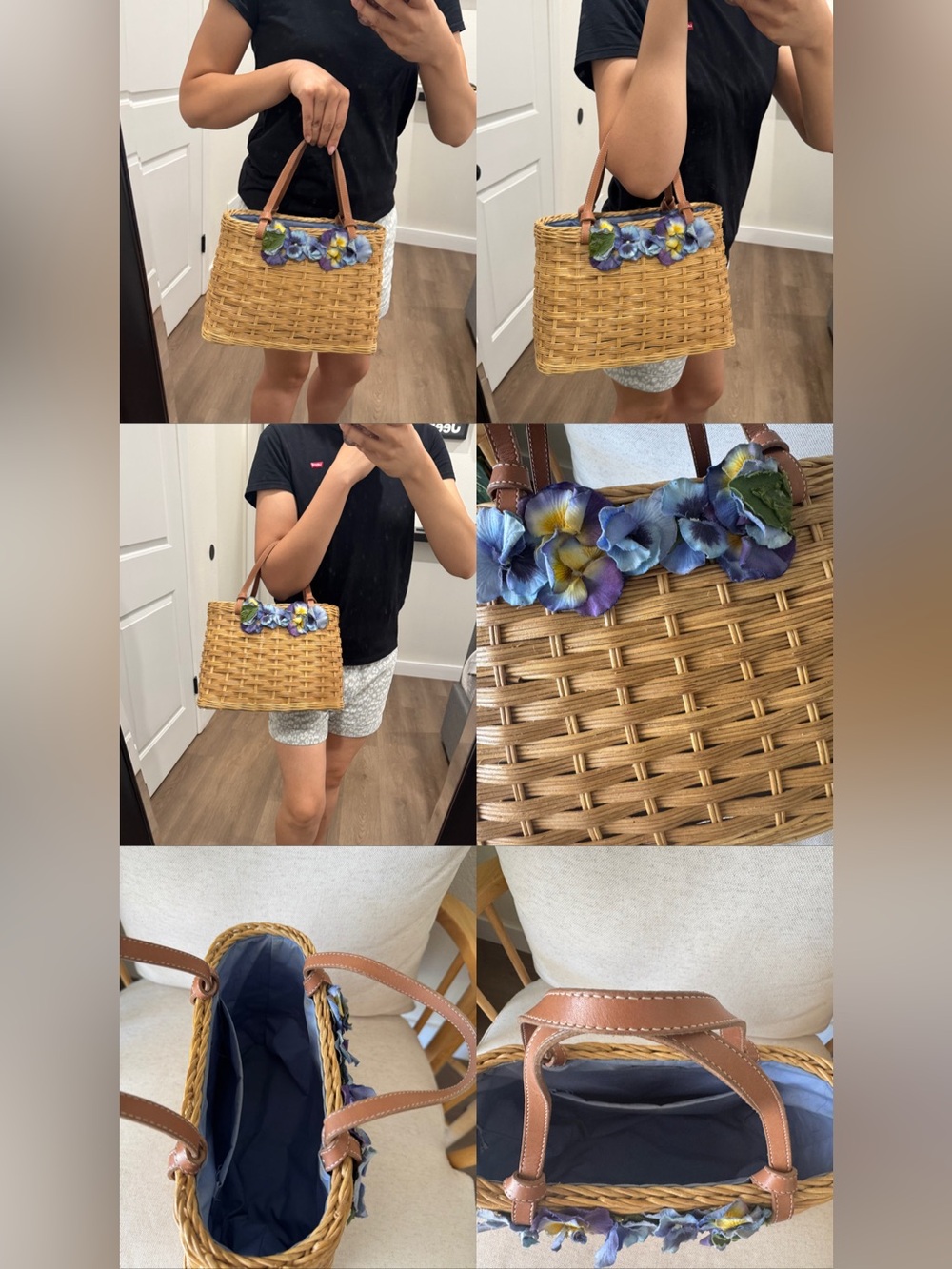 RARE Kate Spade New York Floral Wicker Woven Basket Bag Nuetral Tote Handbag - Picture 17 of 17